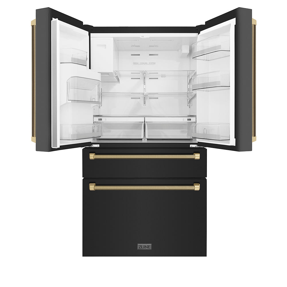 ZLINE 36 in. Counter-Depth French Door Refrigerator 21.6 cu. ft. Water and Ice Dispenser Fingerprint-Resistant Black Stainless Steel Champagne Bronze Helix Handles (RFMZ-W36-BS-KCB)