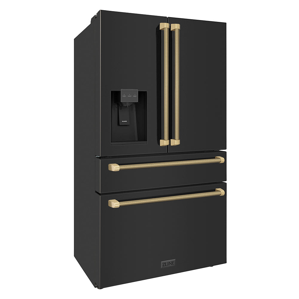 ZLINE 36 in. Counter-Depth French Door Refrigerator 21.6 cu. ft. Water and Ice Dispenser Fingerprint-Resistant Black Stainless Steel Champagne Bronze Helix Handles (RFMZ-W36-BS-KCB)