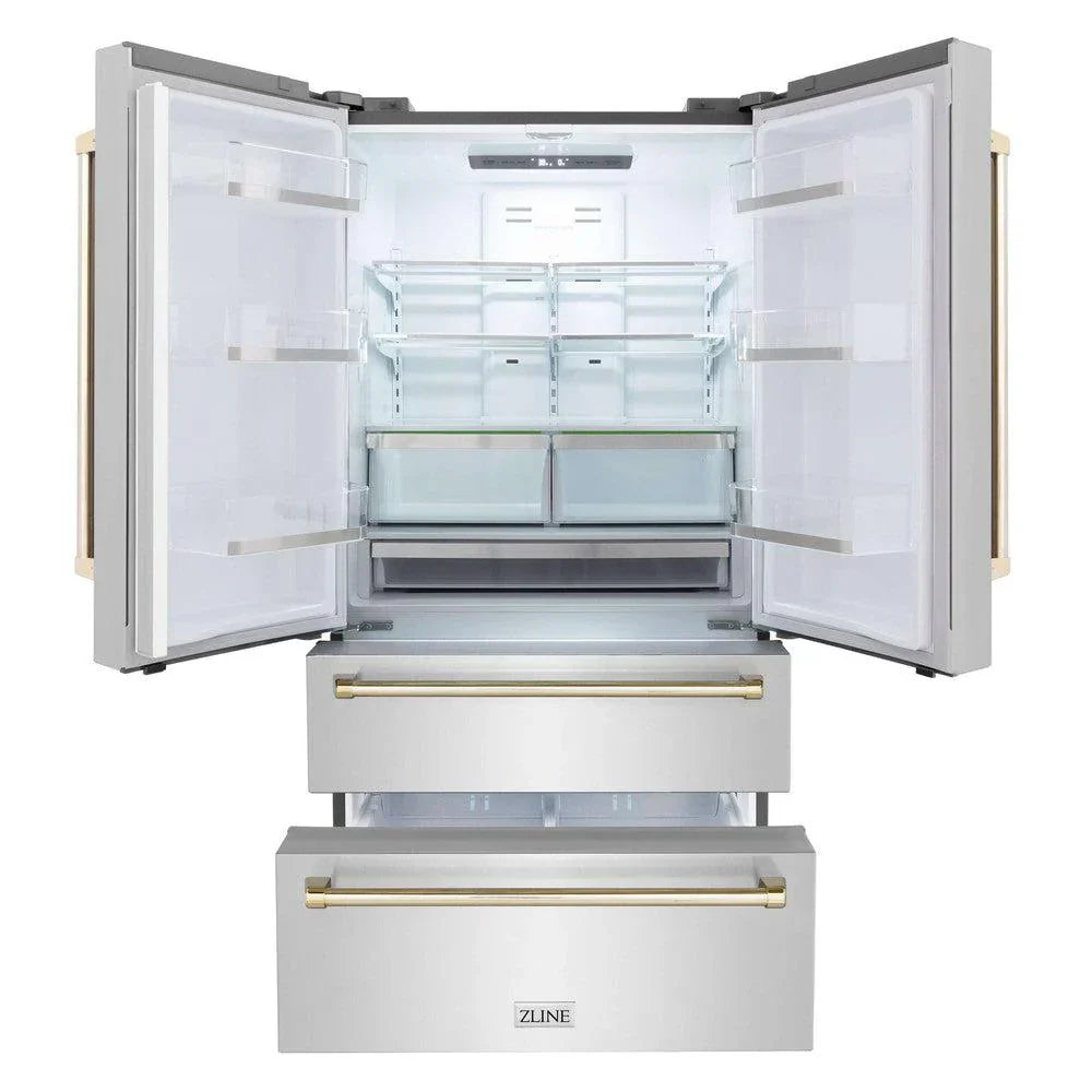 ZLINE 36 in French Door Refrigerator 22.5 cu. ft Capacity Ice Maker Fingerprint Resistant Stainless Steel Gold Accents (RFMZ-36-G)