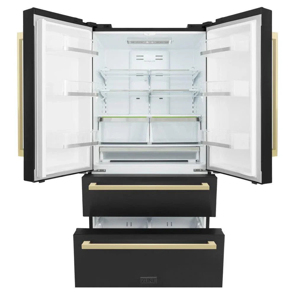 ZLINE 36 Inch French Door Refrigerator 22.5 cu. ft. Black Stainless Steel Champagne Bronze Handles Ice Maker (RFMZ-36-BS-FCB)