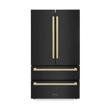 ZLINE 36 Inch French Door Refrigerator 22.5 cu. ft. Black Stainless Steel Champagne Bronze Handles Ice Maker (RFMZ-36-BS-FCB)