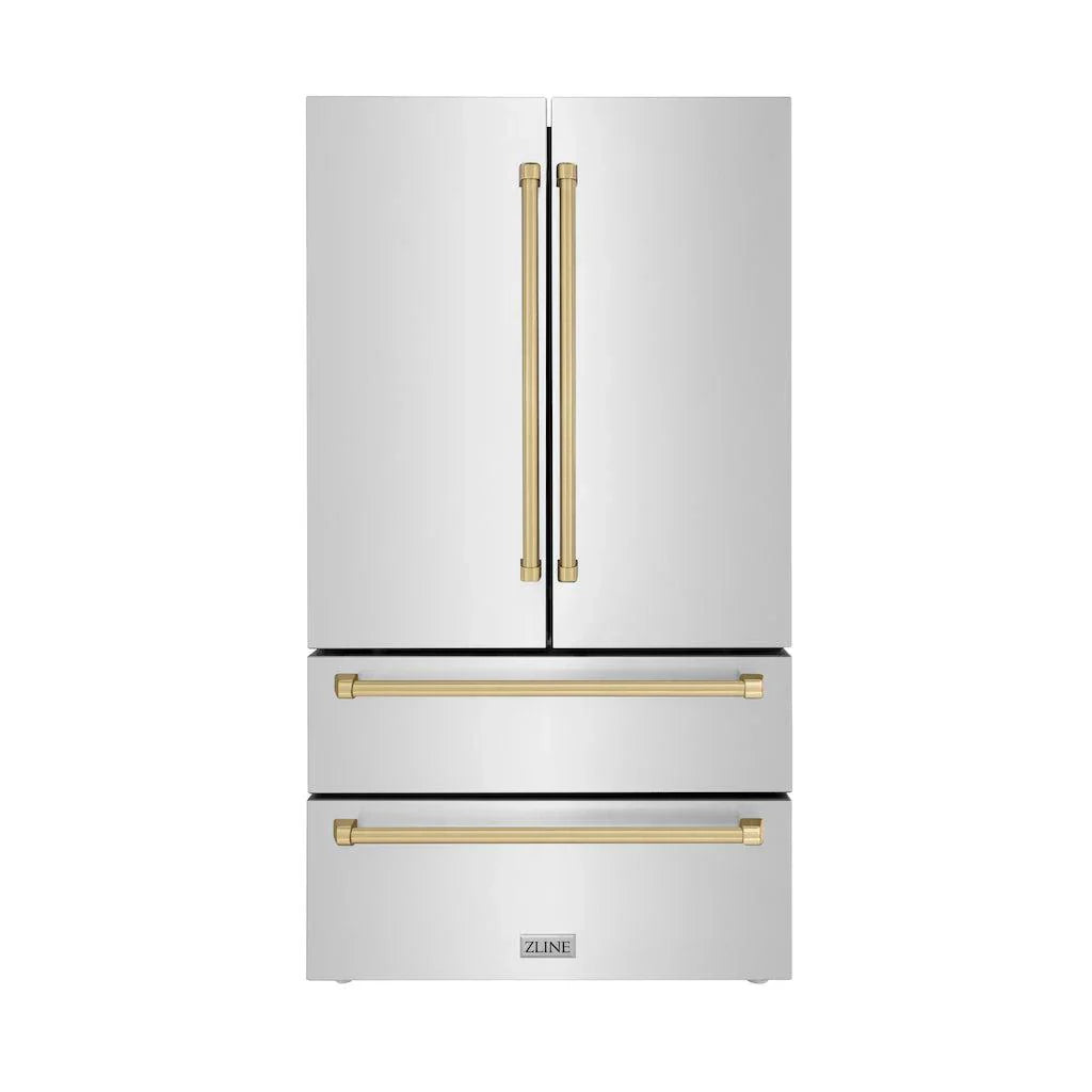 ZLINE 36 in. French Door Refrigerator 22.5 cu. ft. Ice Maker Fingerprint Resistant Stainless Steel Champagne Bronze Accents (RFMZ-36-CB)