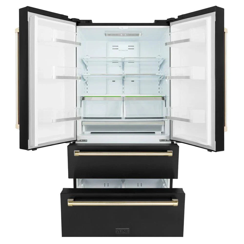 ZLINE 36 in. French Door Refrigerator 22.5 cu. ft. Ice Maker Fingerprint Resistant Black Stainless Steel Gold Accents (RFMZ-36-BS-G)