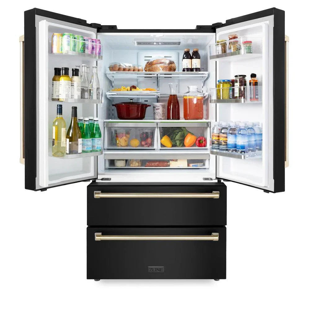 ZLINE 36 in. French Door Refrigerator 22.5 cu. ft. Ice Maker Fingerprint Resistant Black Stainless Steel Gold Accents (RFMZ-36-BS-G)