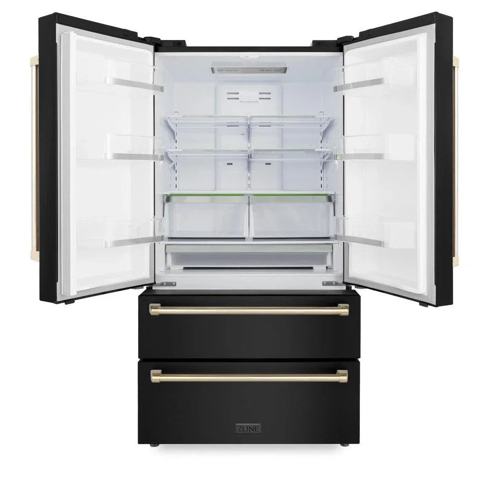 ZLINE 36 in. French Door Refrigerator 22.5 cu. ft. Ice Maker Fingerprint Resistant Black Stainless Steel Gold Accents (RFMZ-36-BS-G)