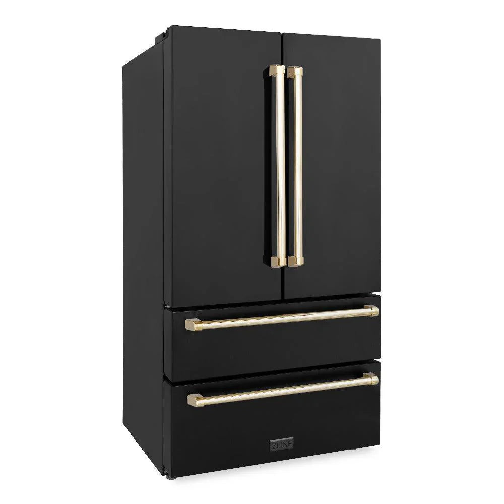 ZLINE 36 in. French Door Refrigerator 22.5 cu. ft. Ice Maker Fingerprint Resistant Black Stainless Steel Gold Accents (RFMZ-36-BS-G)