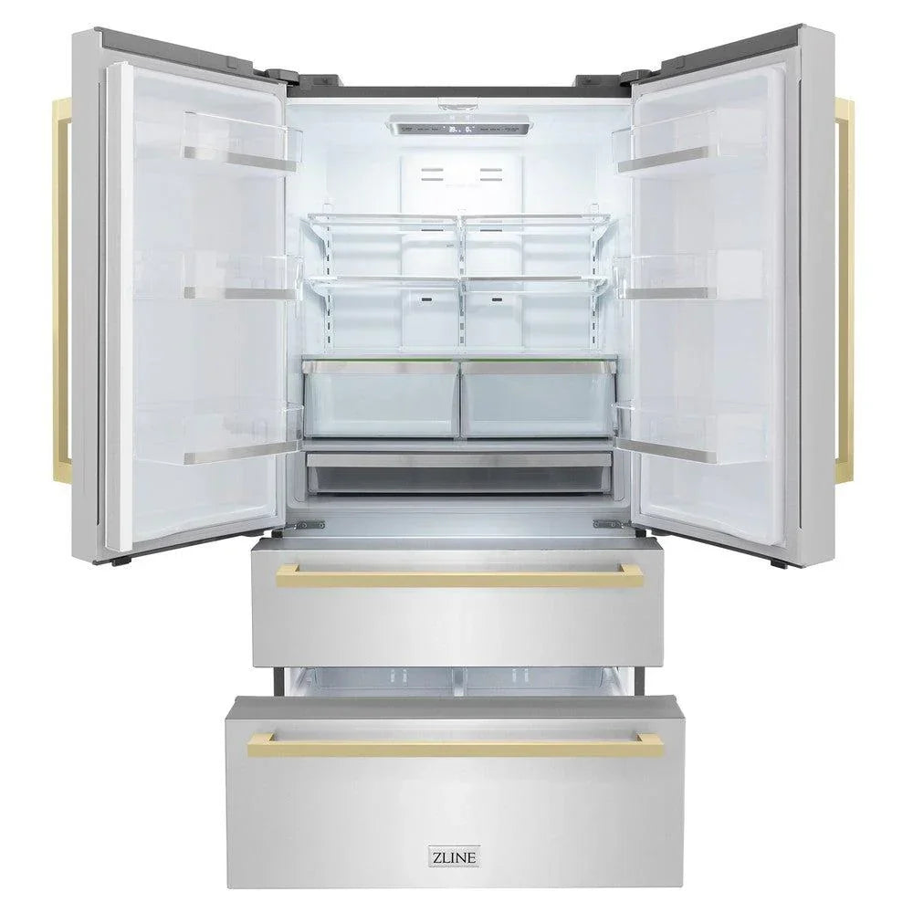 ZLINE 36-Inch French Door Refrigerator 22.5 Cu. Ft. Stainless Steel Ice Maker Champagne Bronze Handles (RFMZ-36-FCB)