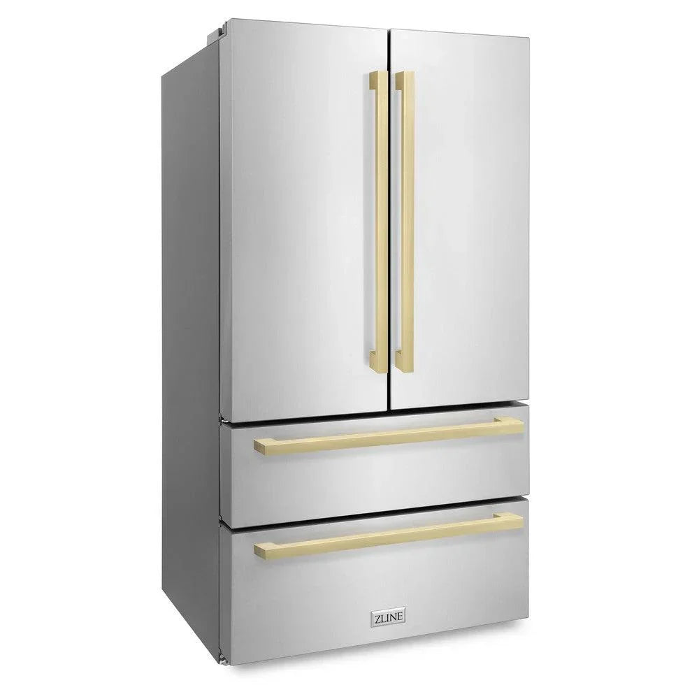 ZLINE 36-Inch French Door Refrigerator 22.5 Cu. Ft. Stainless Steel Ice Maker Champagne Bronze Handles (RFMZ-36-FCB)