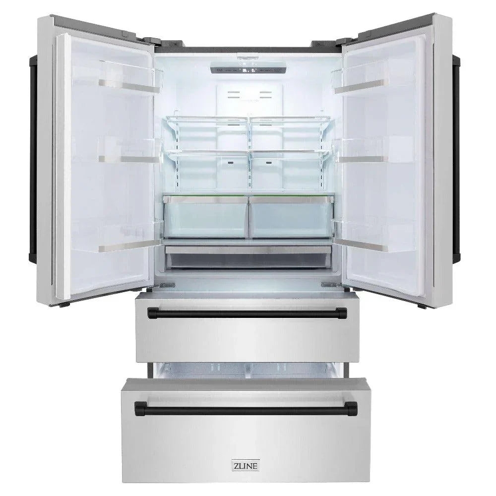 ZLINE 36 in. Refrigerator 22.5 cu. ft. Built-In French Door with Ice Maker Fingerprint Resistant Stainless Steel Matte Black Accents (RFMZ-36-MB)