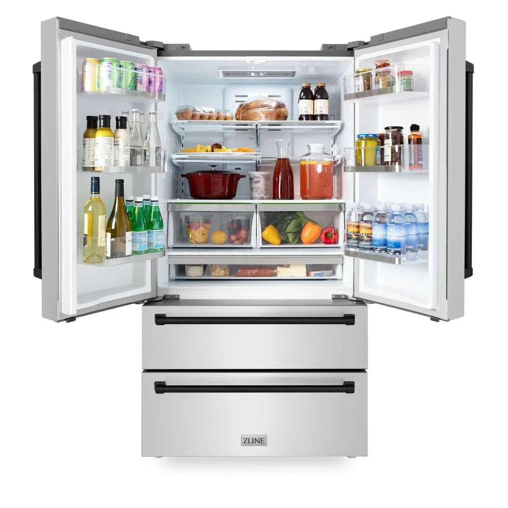 ZLINE 36 in. Refrigerator 22.5 cu. ft. Built-In French Door with Ice Maker Fingerprint Resistant Stainless Steel Matte Black Accents (RFMZ-36-MB)