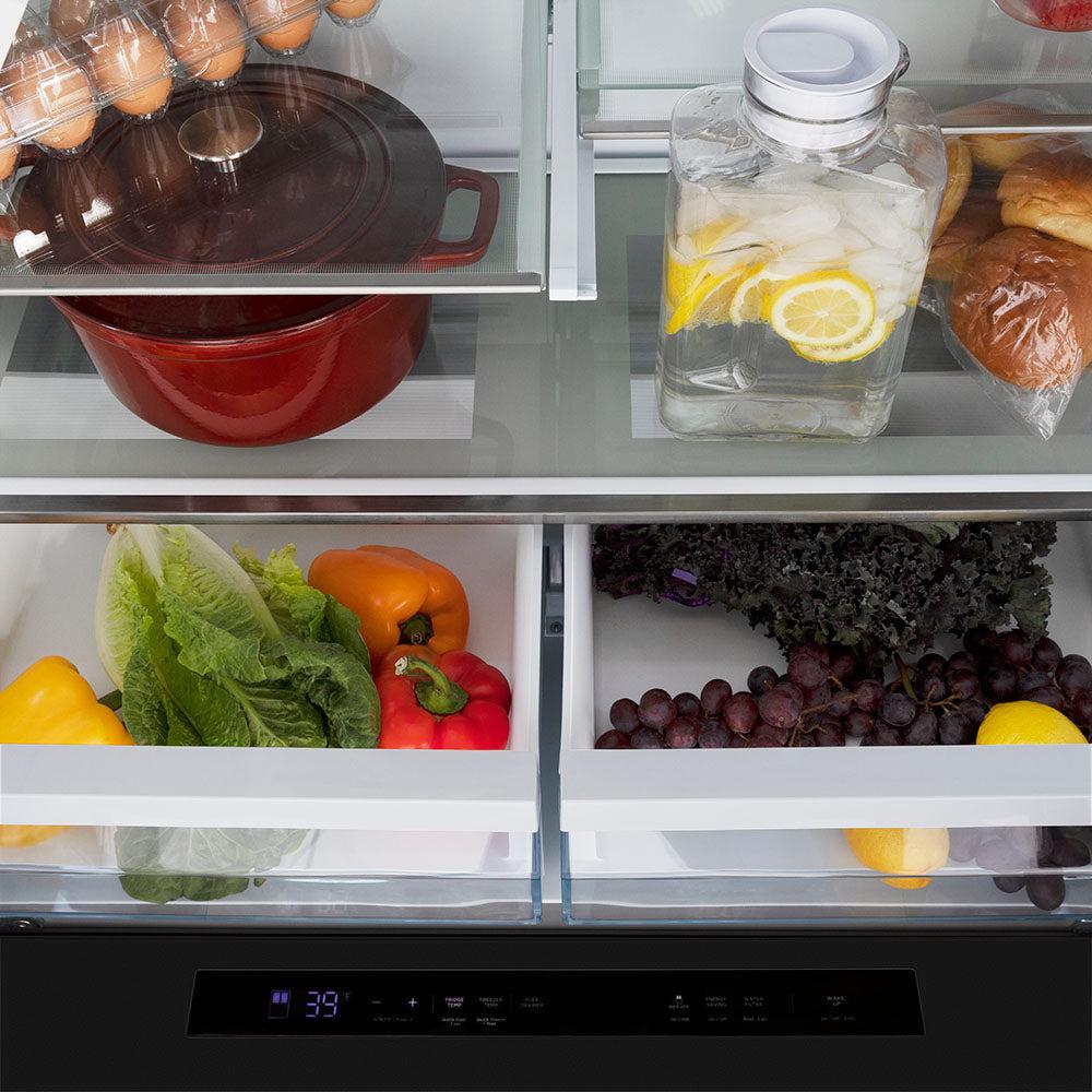 ZLINE 36 Inch Freestanding French Door Refrigerator with Water & Ice Dispenser, Black Stainless Steel, Gold Handles (RFMZ-W-36-BS-G)