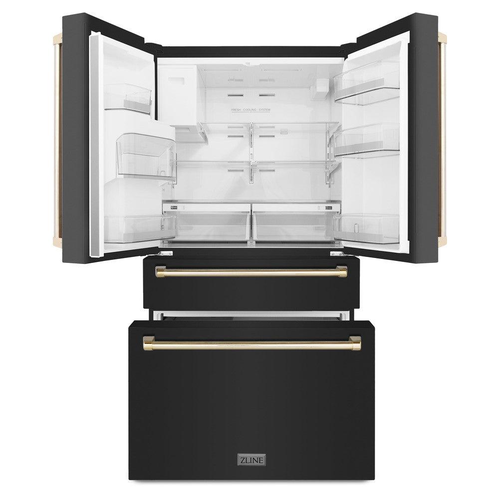 ZLINE 36 Inch Freestanding French Door Refrigerator with Water & Ice Dispenser, Black Stainless Steel, Gold Handles (RFMZ-W-36-BS-G)
