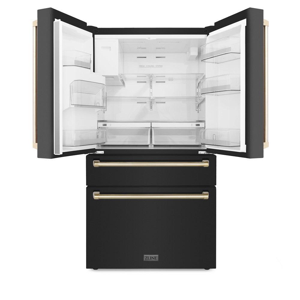 ZLINE 36 Inch Freestanding French Door Refrigerator with Water & Ice Dispenser, Black Stainless Steel, Gold Handles (RFMZ-W-36-BS-G)