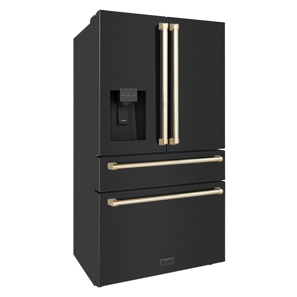 ZLINE 36 Inch Freestanding French Door Refrigerator with Water & Ice Dispenser, Black Stainless Steel, Gold Handles (RFMZ-W-36-BS-G)