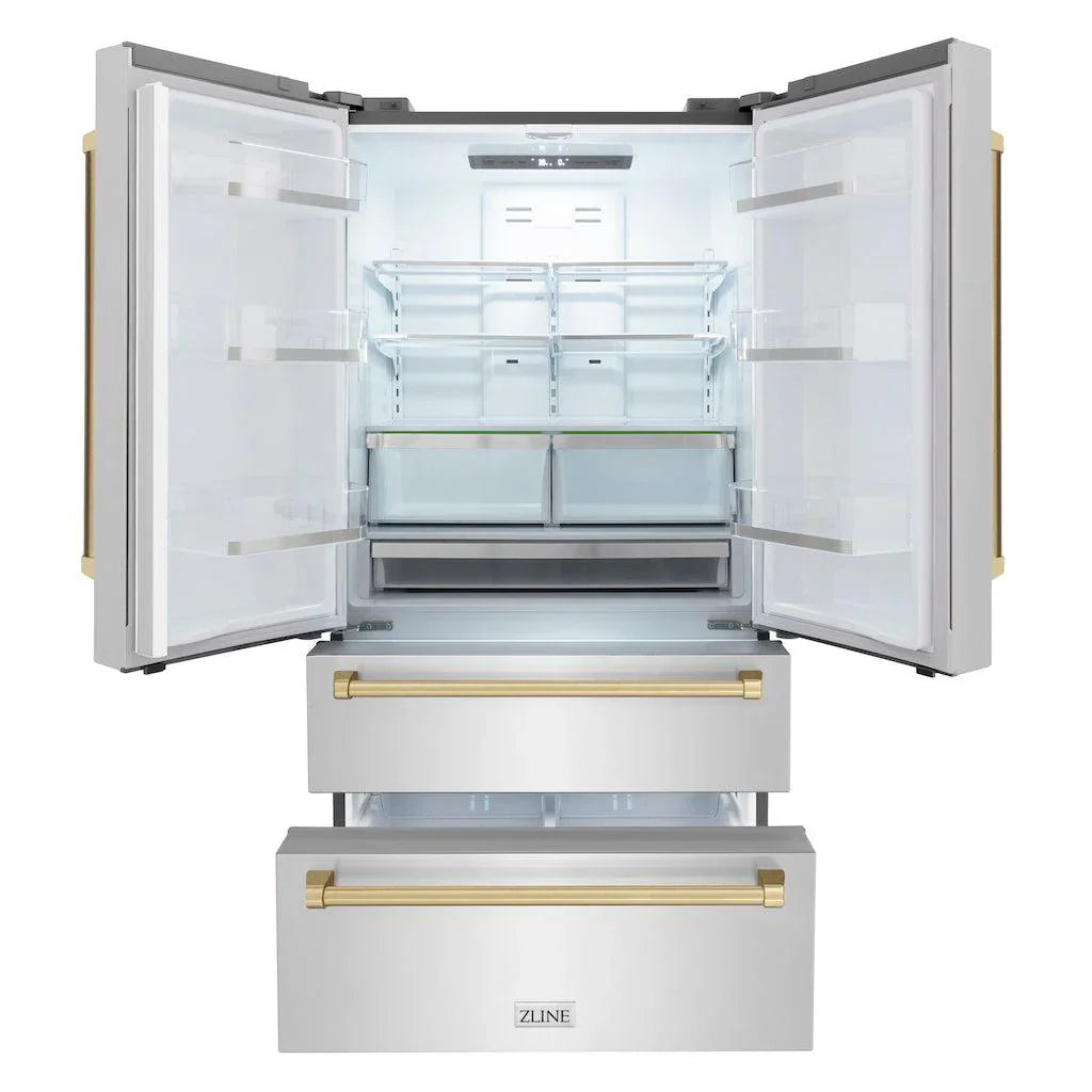 ZLINE 36 in. French Door Refrigerator 22.5 cu. ft. Ice Maker Fingerprint Resistant Stainless Steel Champagne Bronze Accents (RFMZ-36-CB)