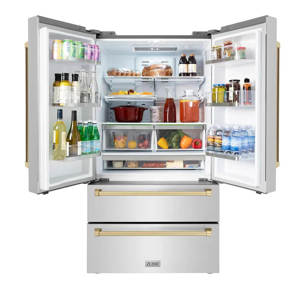 ZLINE 36 in. French Door Refrigerator 22.5 cu. ft. Ice Maker Fingerprint Resistant Stainless Steel Champagne Bronze Accents (RFMZ-36-CB)