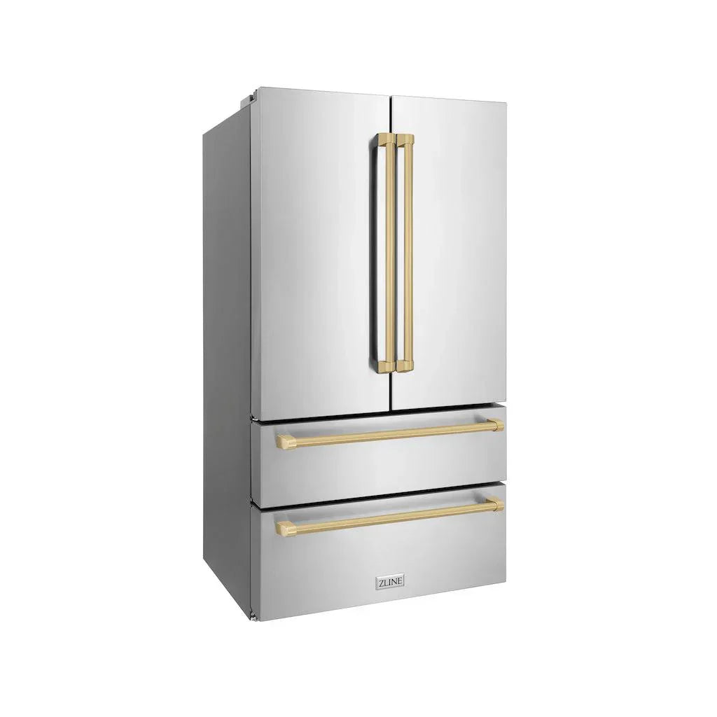 ZLINE 36 in. French Door Refrigerator 22.5 cu. ft. Ice Maker Fingerprint Resistant Stainless Steel Champagne Bronze Accents (RFMZ-36-CB)