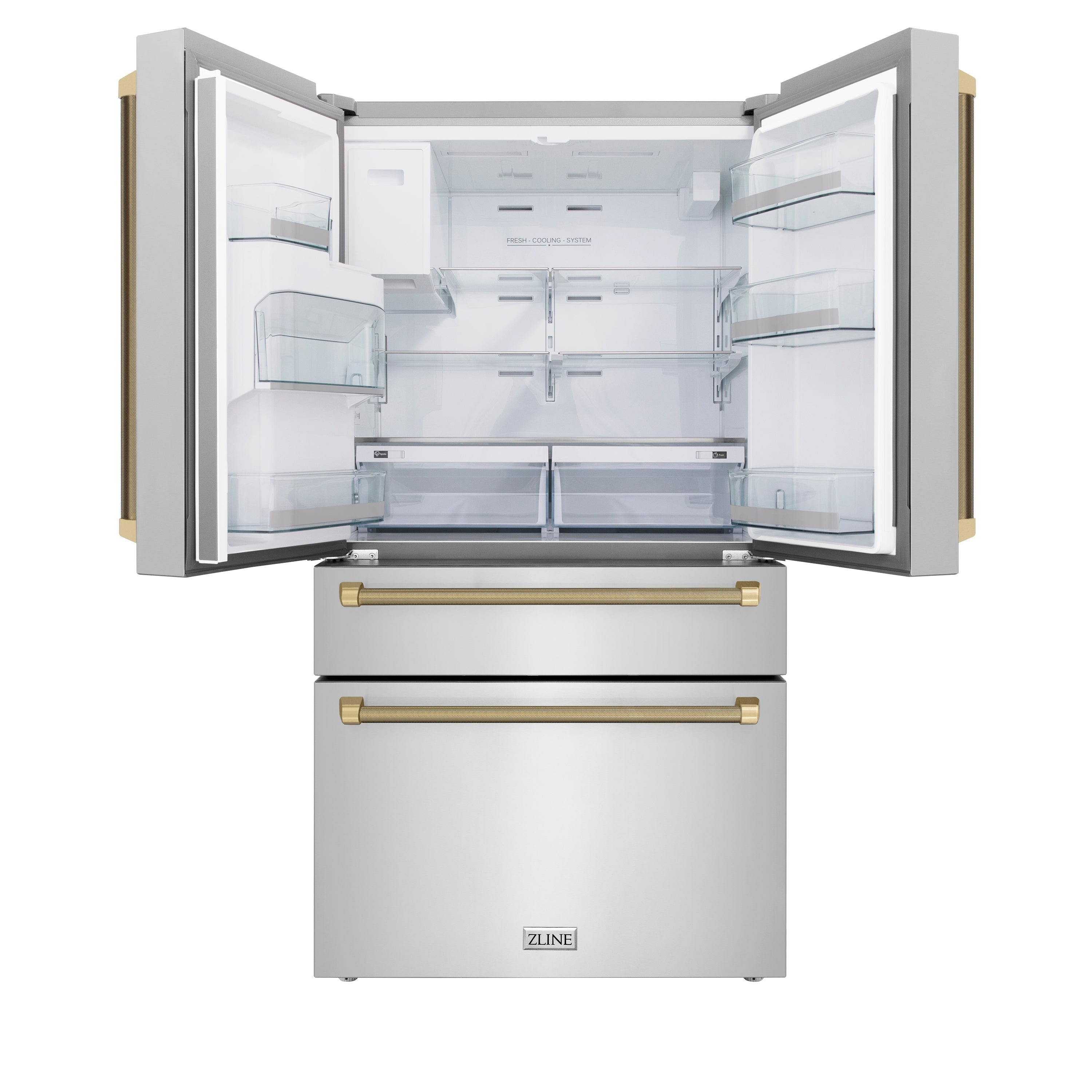 ZLINE 36 in. Counter-Depth French Door Refrigerator 21.6 cu. ft. Water and Ice Dispenser Fingerprint-Resistant Stainless Steel Champagne Bronze Helix Handles (RFMZ-W-36-KCB)