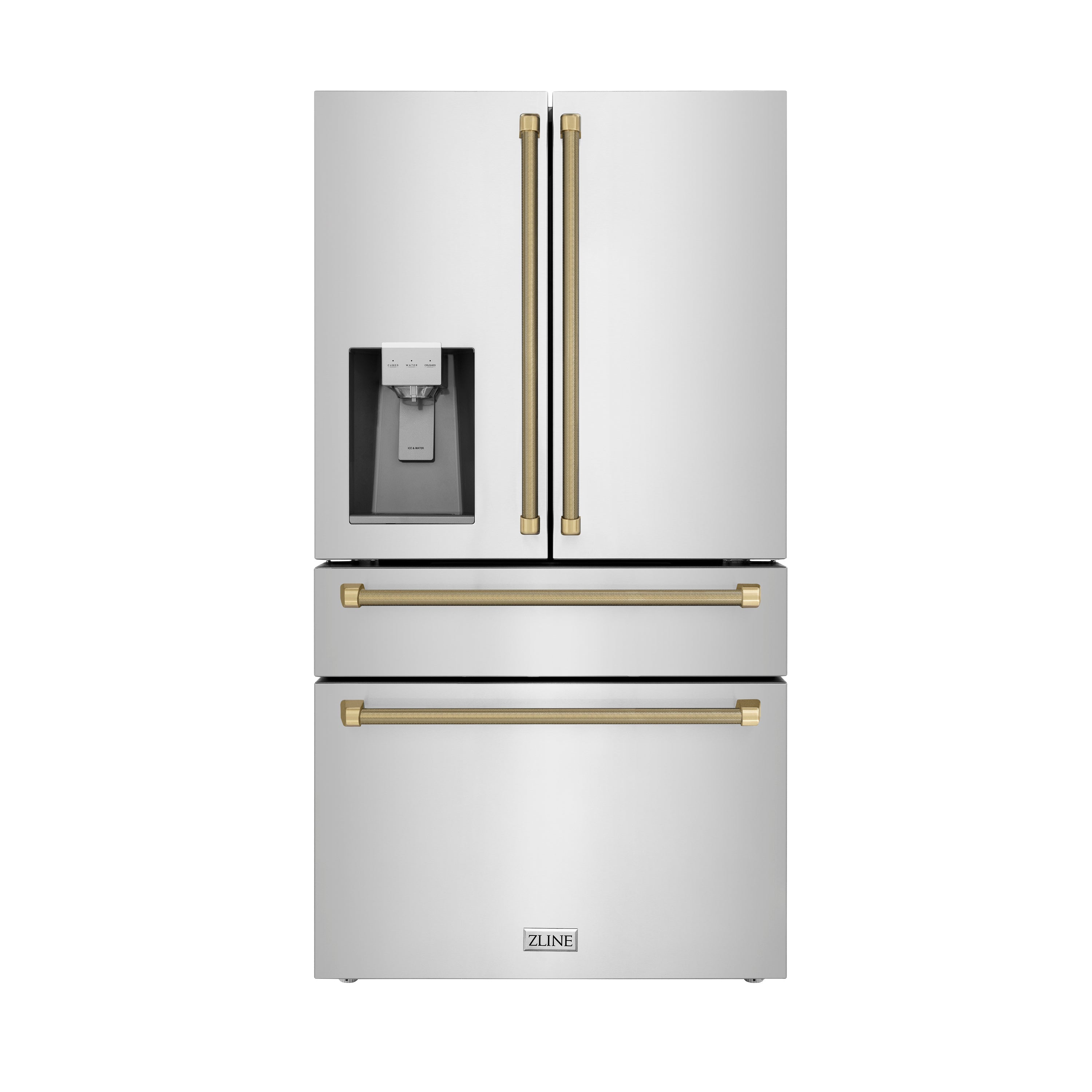 ZLINE 36 in. Counter-Depth French Door Refrigerator 21.6 cu. ft. Water and Ice Dispenser Fingerprint-Resistant Stainless Steel Champagne Bronze Helix Handles (RFMZ-W-36-KCB)