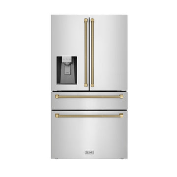 ZLINE 36 in. Counter-Depth French Door Refrigerator 21.6 cu. ft. Water and Ice Dispenser Fingerprint-Resistant Stainless Steel Champagne Bronze Helix Handles (RFMZ-W-36-KCB)