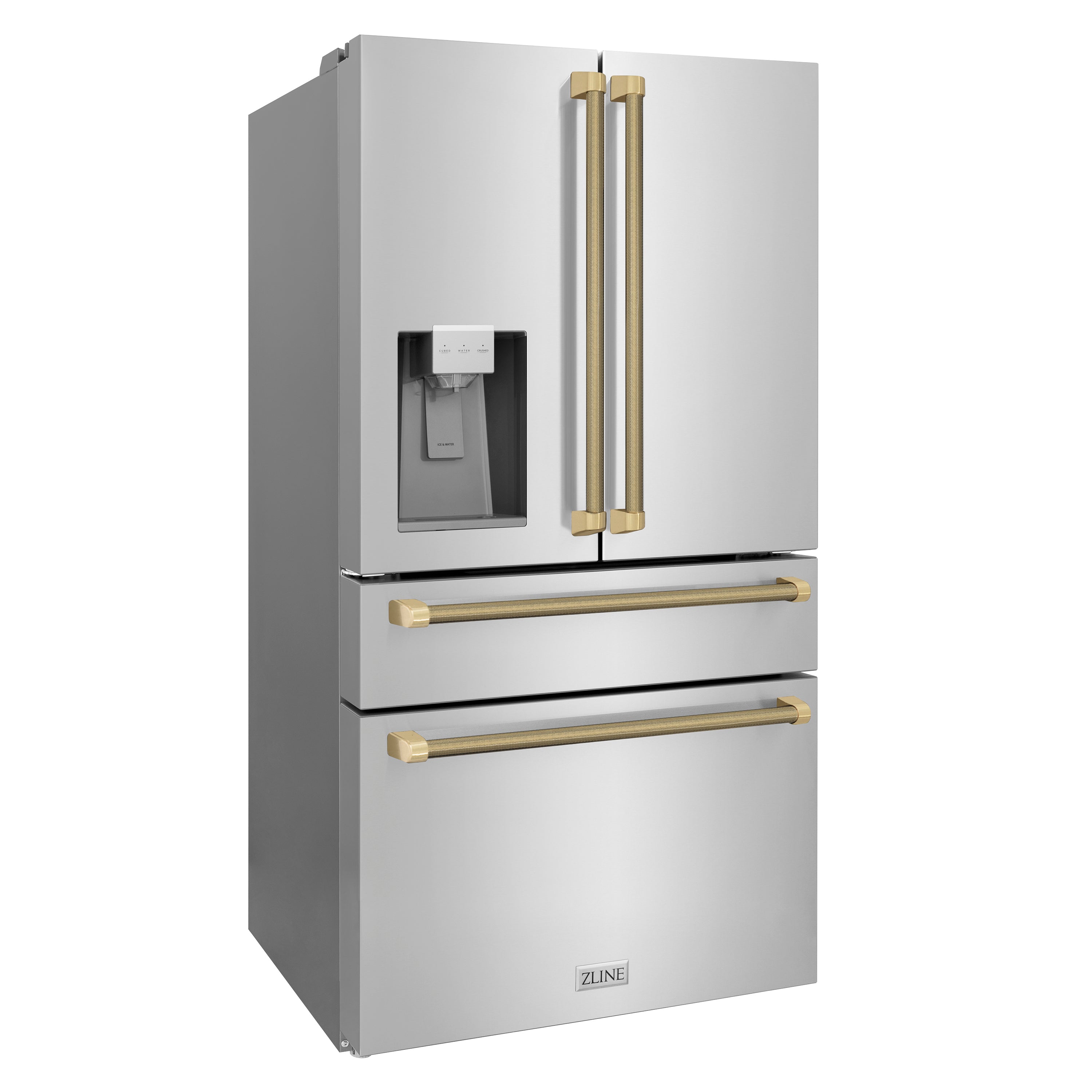 ZLINE 36 in. Counter-Depth French Door Refrigerator 21.6 cu. ft. Water and Ice Dispenser Fingerprint-Resistant Stainless Steel Champagne Bronze Helix Handles (RFMZ-W-36-KCB)