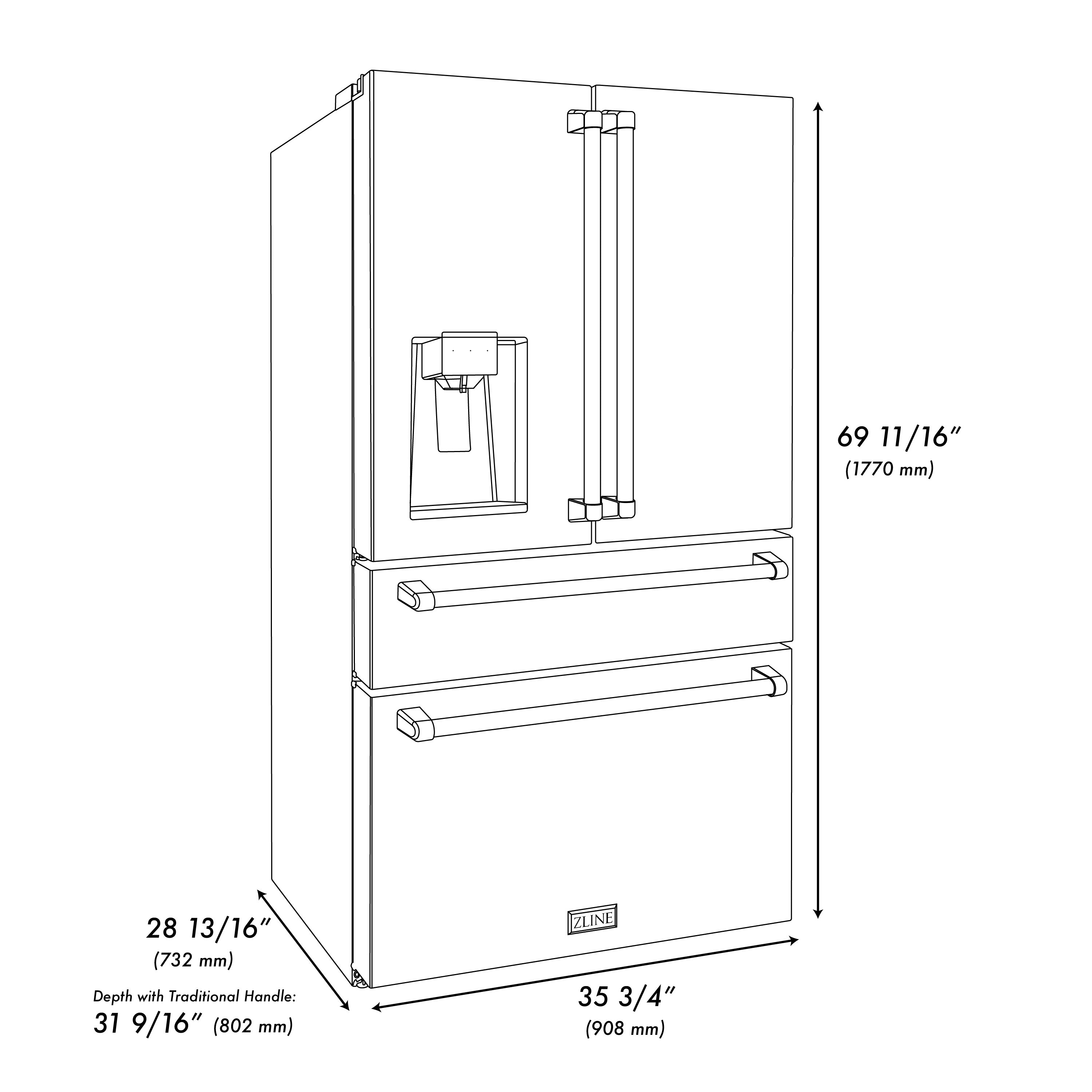 ZLINE 36 in. Counter-Depth French Door Refrigerator 21.6 cu. ft. Water and Ice Dispenser Fingerprint-Resistant Stainless Steel Polished Gold Helix Handles (RFMZ-W-36-KG)