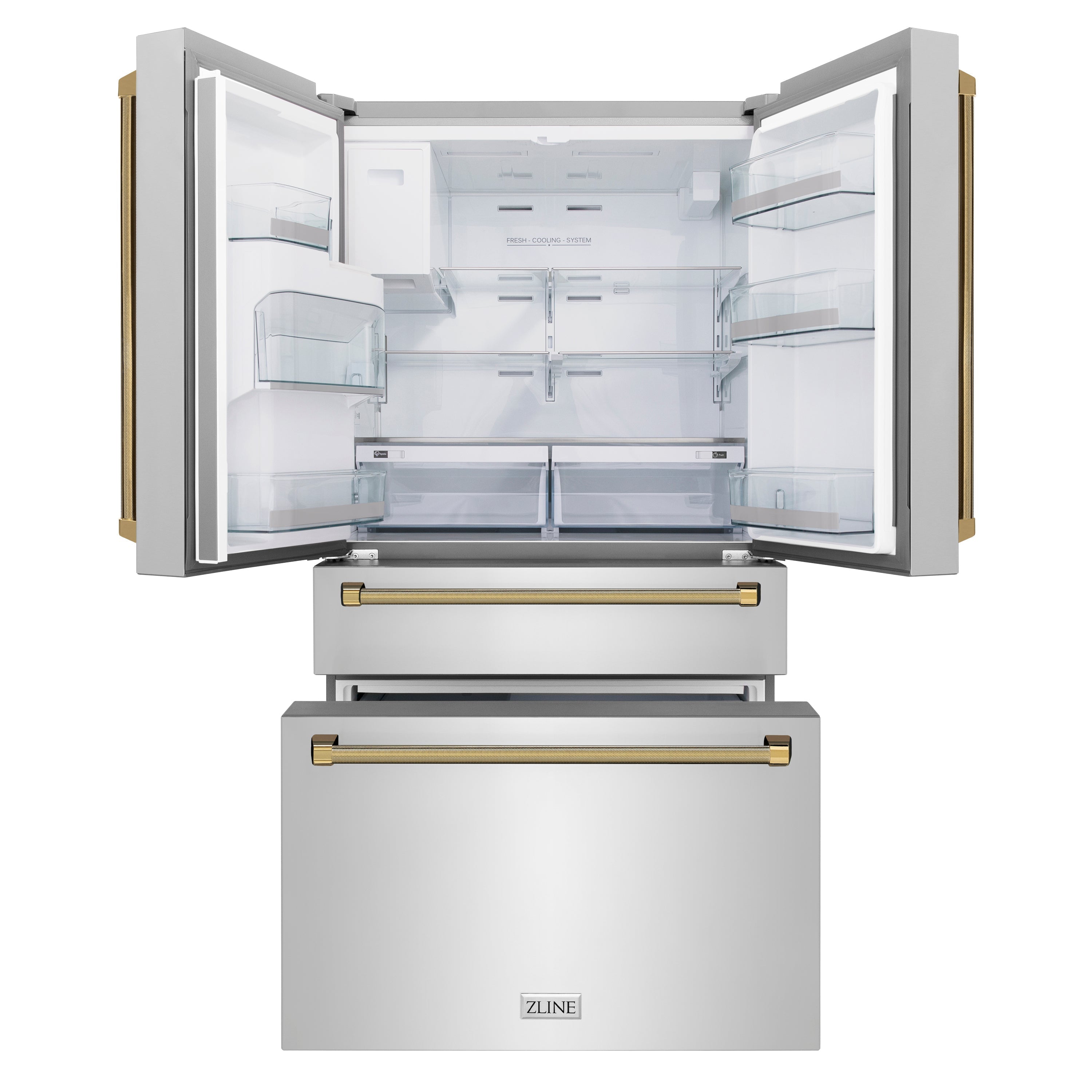 ZLINE 36 in. Counter-Depth French Door Refrigerator 21.6 cu. ft. Water and Ice Dispenser Fingerprint-Resistant Stainless Steel Polished Gold Helix Handles (RFMZ-W-36-KG)