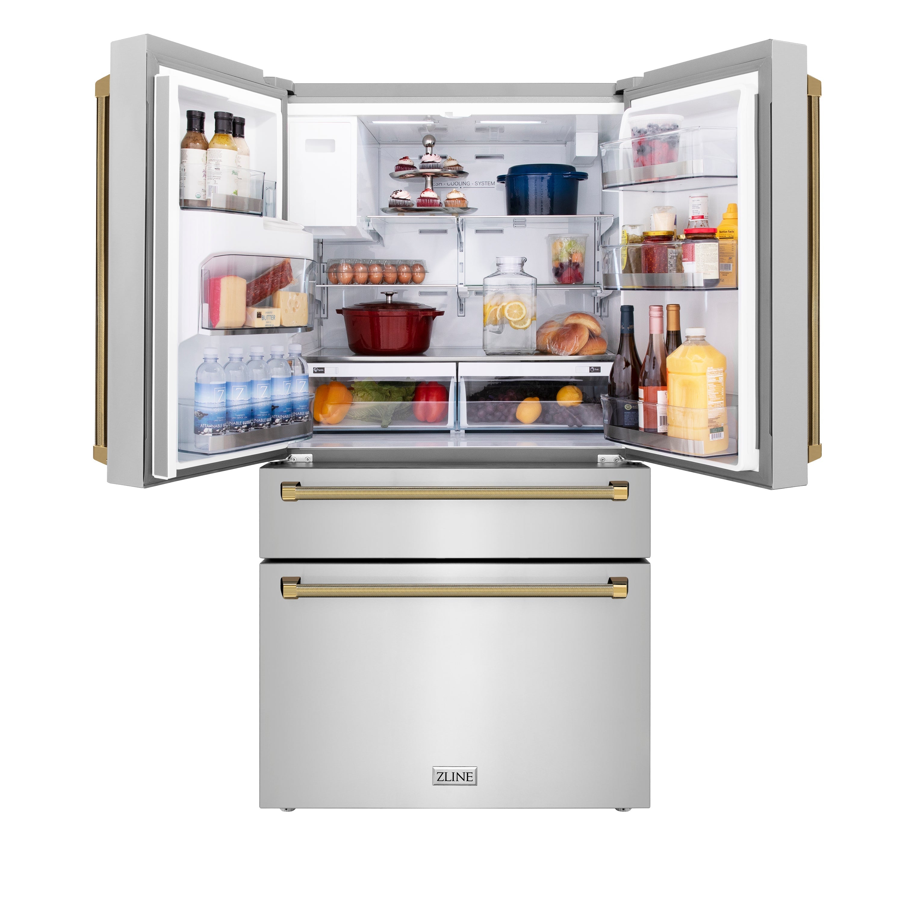 ZLINE 36 in. Counter-Depth French Door Refrigerator 21.6 cu. ft. Water and Ice Dispenser Fingerprint-Resistant Stainless Steel Polished Gold Helix Handles (RFMZ-W-36-KG)