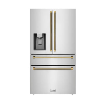 ZLINE 36 in. Counter-Depth French Door Refrigerator 21.6 cu. ft. Water and Ice Dispenser Fingerprint-Resistant Stainless Steel Polished Gold Helix Handles (RFMZ-W-36-KG)