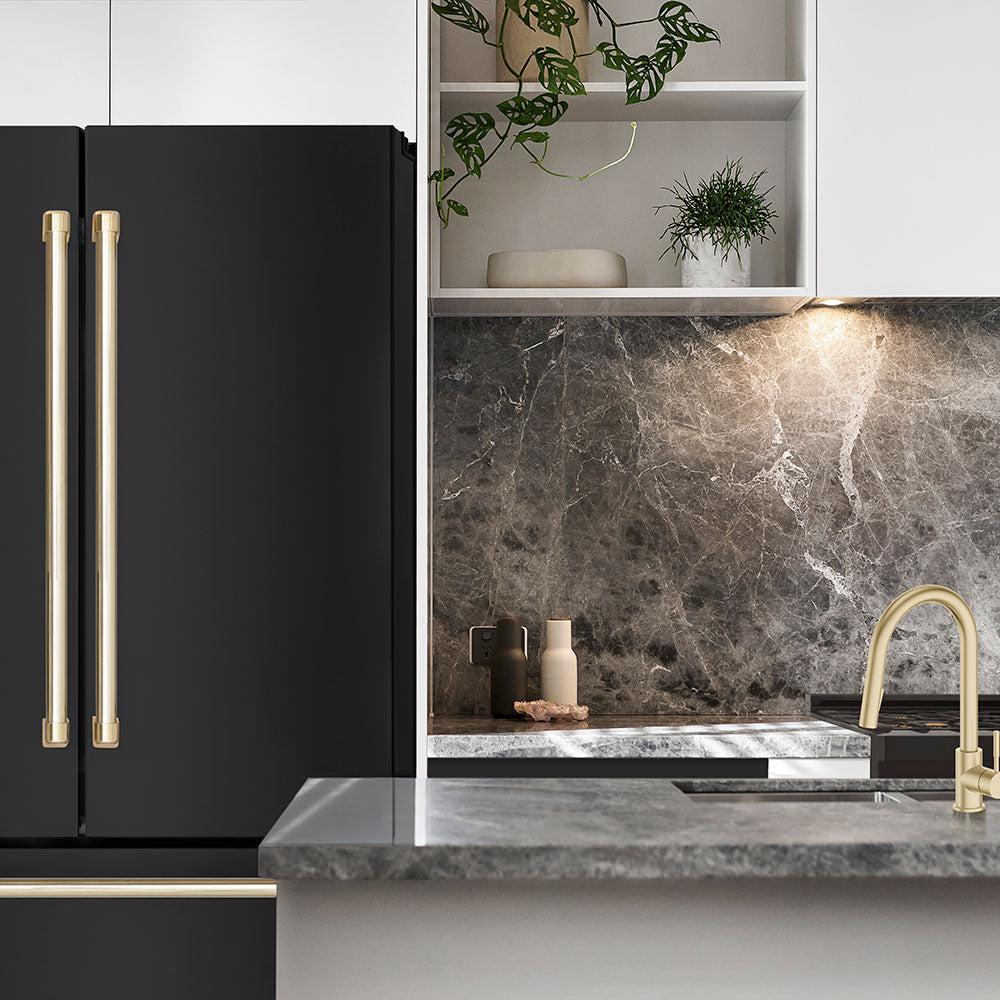ZLINE 36 in. French Door Refrigerator 22.5 cu. ft. Ice Maker Fingerprint Resistant Black Stainless Steel Gold Accents (RFMZ-36-BS-G)
