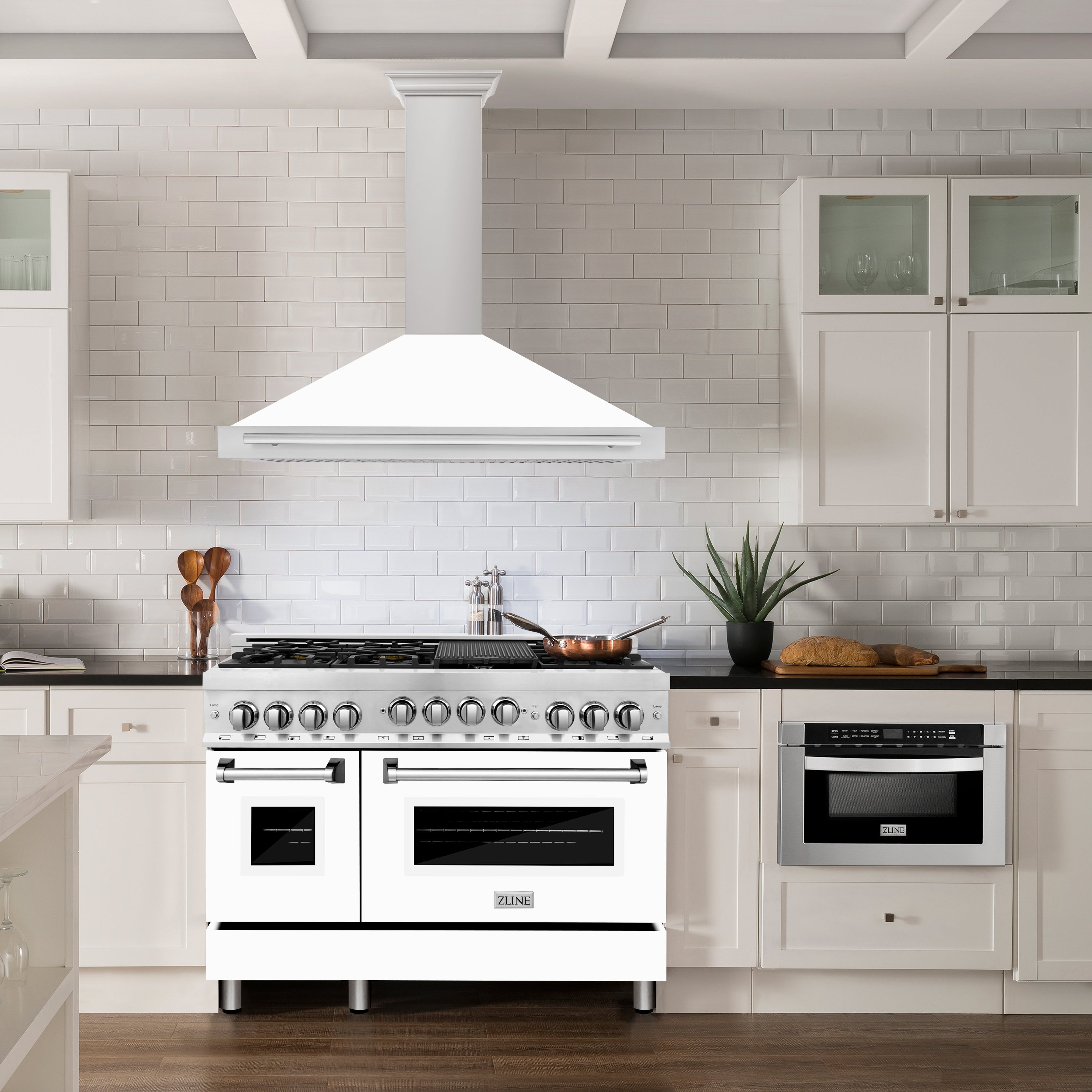 ZLINE 48 in. Wall Mount Range Hood Convertible Satin Stainless Steel 400 CFM White Matte Shell Stainless Steel Handle (KB4SNX-WM-48)