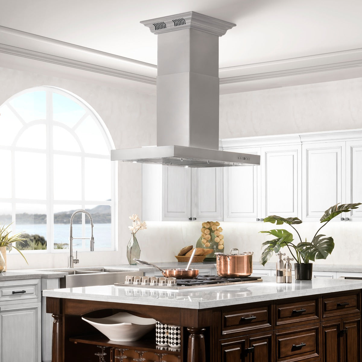 ZLINE 48 in. Island Mount Range Hood 400 CFM Stainless Steel Bluetooth CrownSound Speakers (KE2iCRN-BT-48)