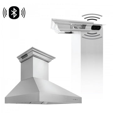 ZLINE 30 in. Wall Mount Range Hood, Stainless Steel, 400 CFM, 4-Speed Fan, CrownSound® Bluetooth Speakers (697CRN-BT-30)