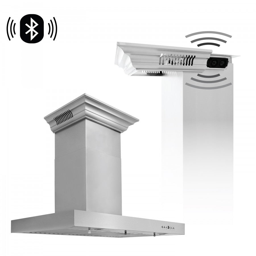 ZLINE 36 in. Wall Mount Range Hood with CrownSound Bluetooth Speakers, Stainless Steel, 400 CFM, 4-Speed Fan (KECRN-BT-36)