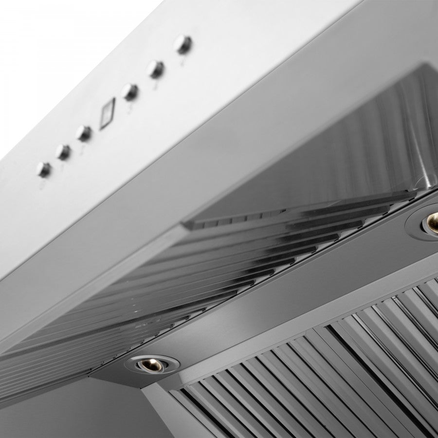 ZLINE 30 in. Wall Mount Range Hood, Stainless Steel, 400 CFM, 4-Speed Fan, CrownSound® Bluetooth Speakers (697CRN-BT-30)