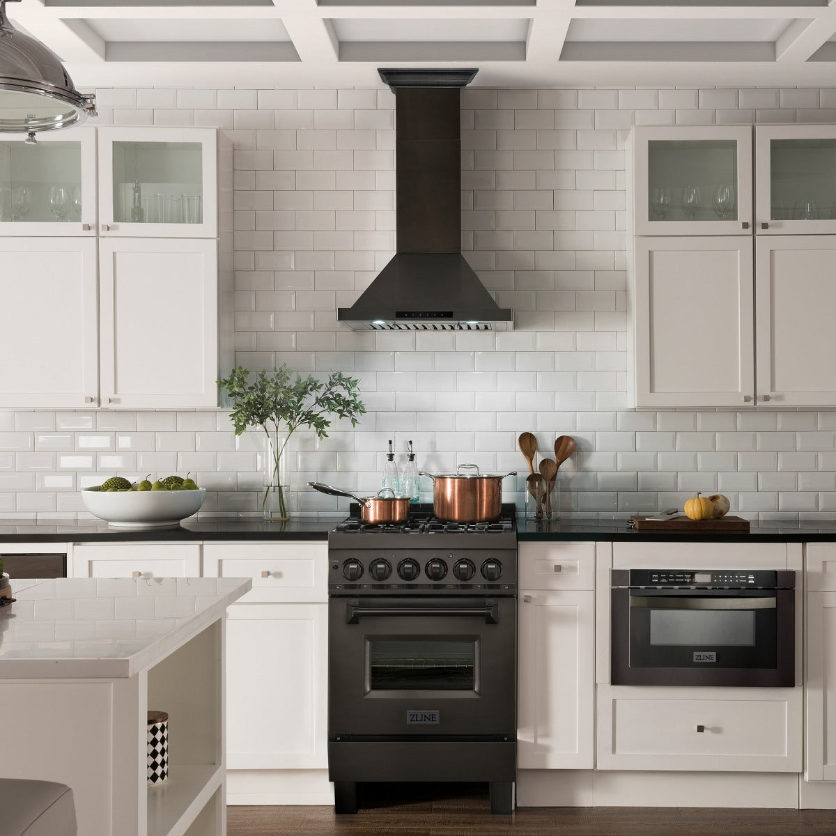 ZLINE 24 in. Wall Mount Range Hood – Convertible Vent, Black Stainless Steel, Crown Molding (BSKBNCRN-24)