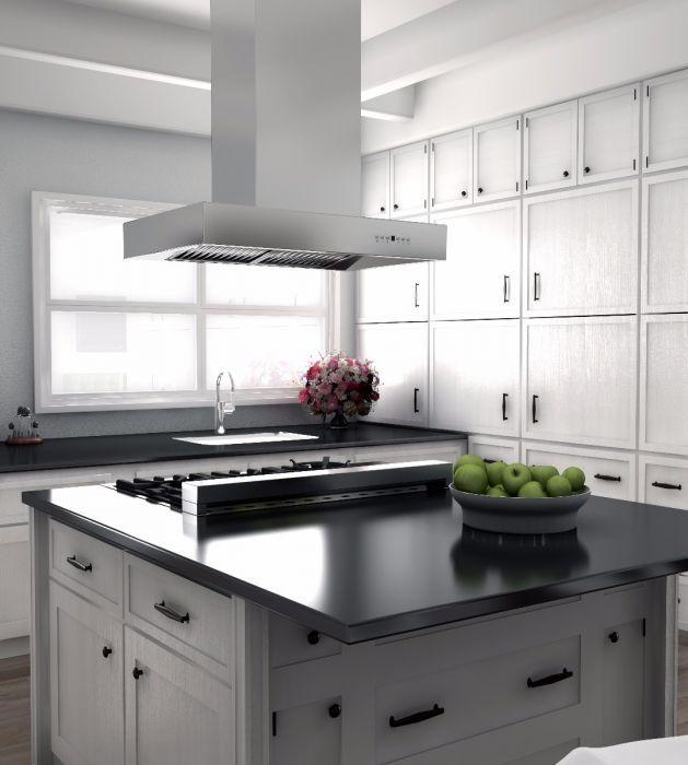 ZLINE 60 in. Island Mount Range Hood, Stainless Steel, Ducted Vent, 4-Speed Fan, LED Lighting (KECOMi-60)