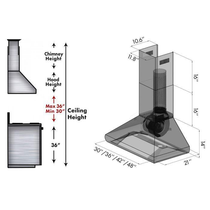 ZLINE 36 in. Wall Mount Range Hood 400 CFM Convertible Vent Stainless Steel (587-36)